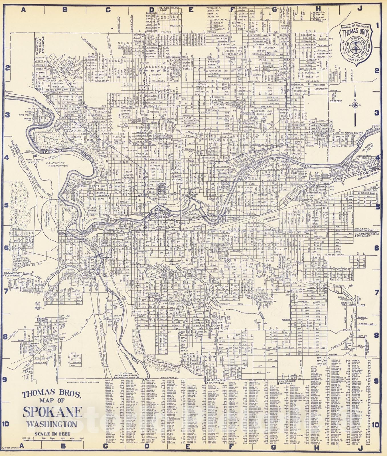 Historic Map : Thomas Bros. Map of Spokane Washington, 1920, Thomas Brothers, Vintage Wall Art
