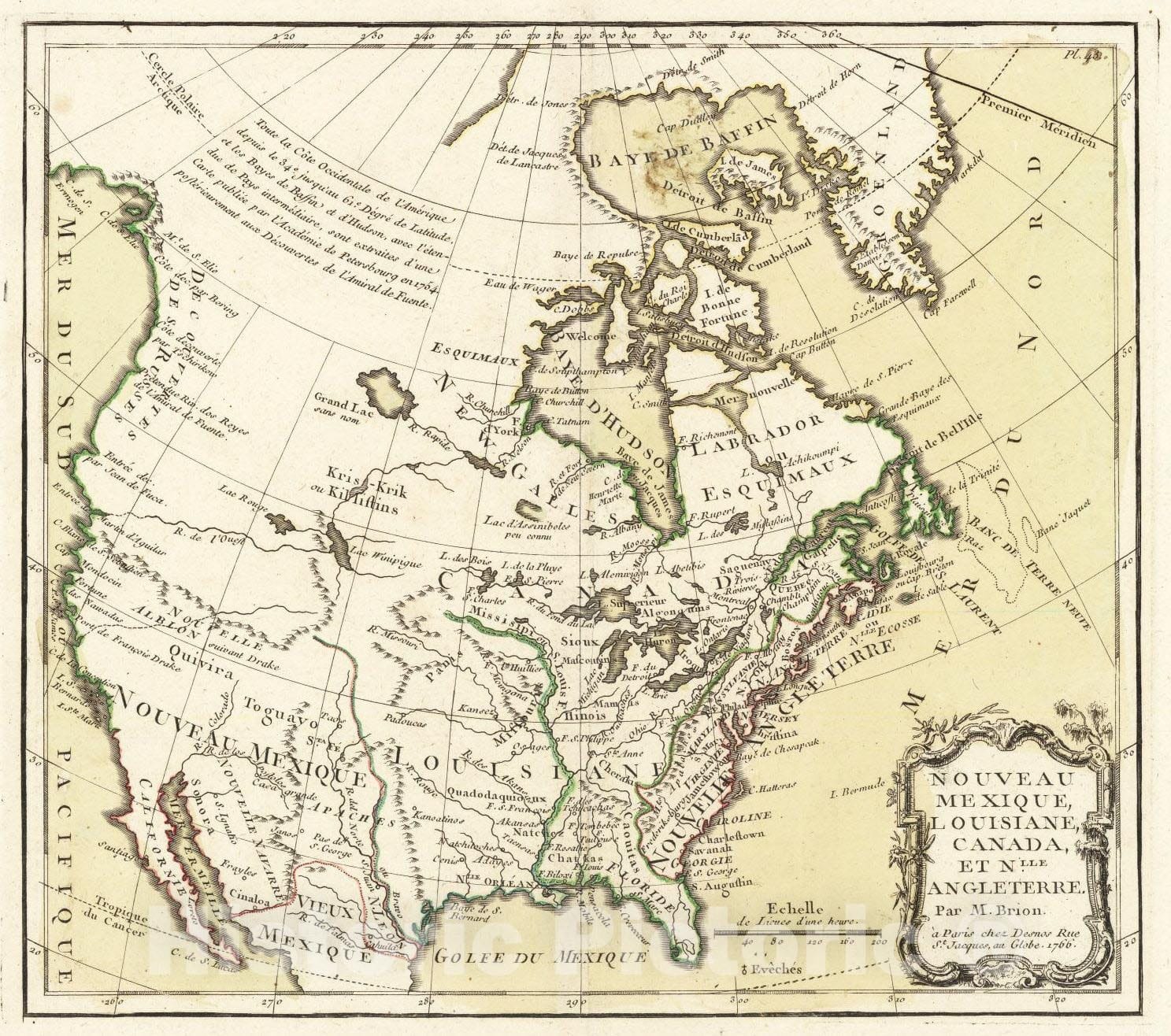 Historic Map : Nouveau Mexique, Louisiane, Canada et Nlle. Angleterre, 1766, 1766, Louis Charles Desnos, Vintage Wall Art