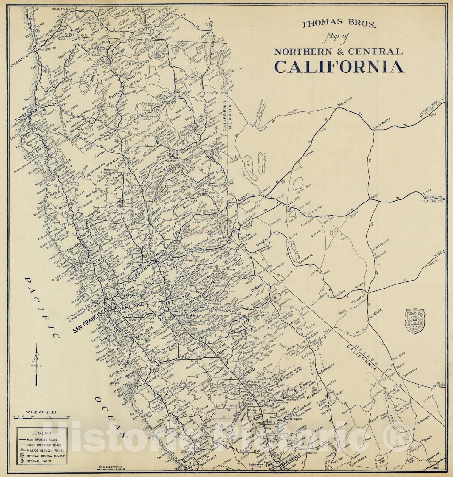 Historic Map : Thomas Bros. Map of Northern & Central California (and part of Nevada), c1920, Thomas Brothers, Vintage Wall Art