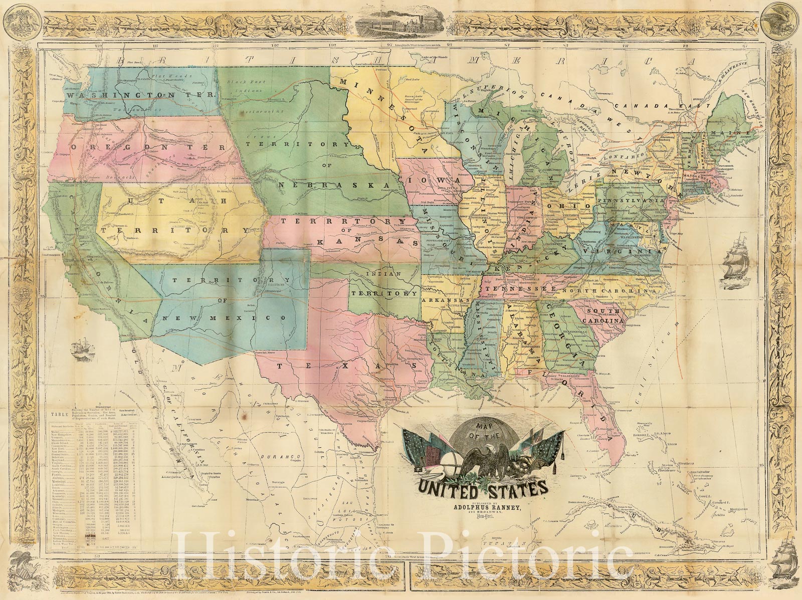 Historic Map : Map of the United States, 1854, Adolphus Ranney, Vintage Wall Art
