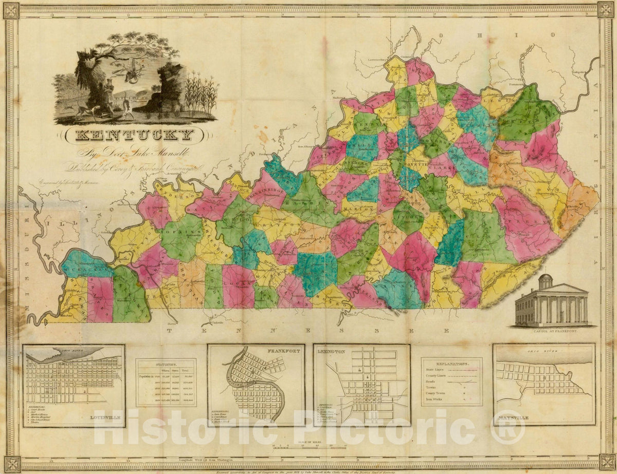 Historic Map : Kentucky By Doct. Luke Munsell. Published by Corey & Fairbank, Cincinnati., 1835, Luke Munsell, Vintage Wall Art