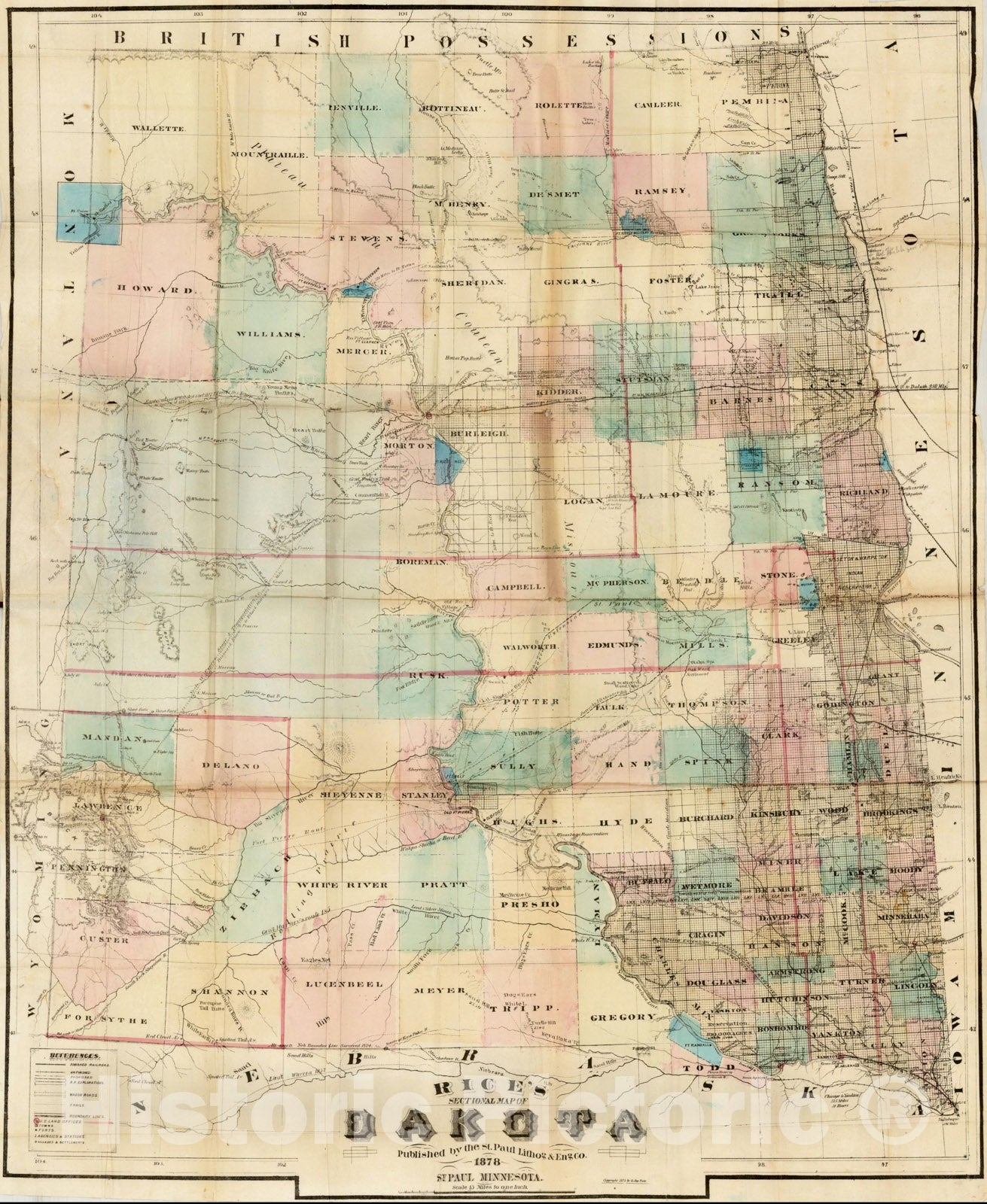 Historic Map : Rice's Sectional Map of Dakota, 1878, 1878, G. Jay Rice, Vintage Wall Art