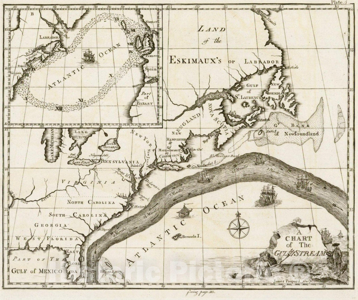 Historic Map : A Chart of the Gulf Stream, 1786, American Philosophical Society, Vintage Wall Art
