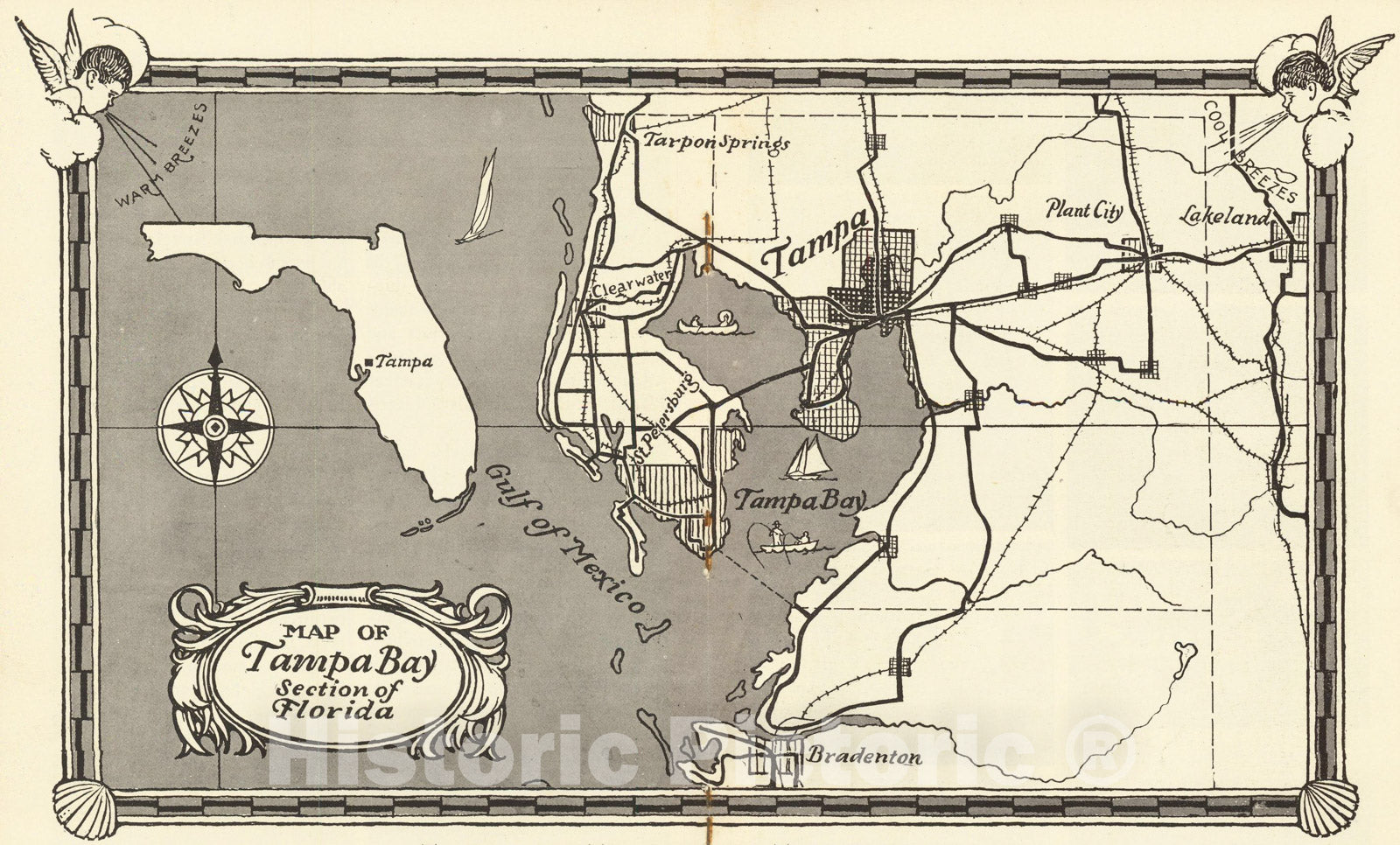 Historic Map : Tampa Florida's Greatest City, Map of Tampa Bay Section of Florida, 1928, Tampa Board of Trade, Vintage Wall Art
