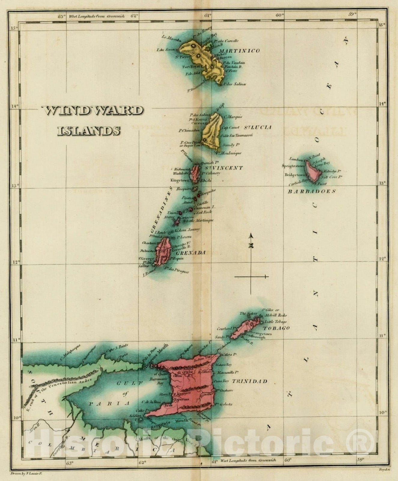 Historic Map : Geographical, Statistical and Historical Map of The Windward Islands, 1823, Henry Charles Carey, Vintage Wall Art