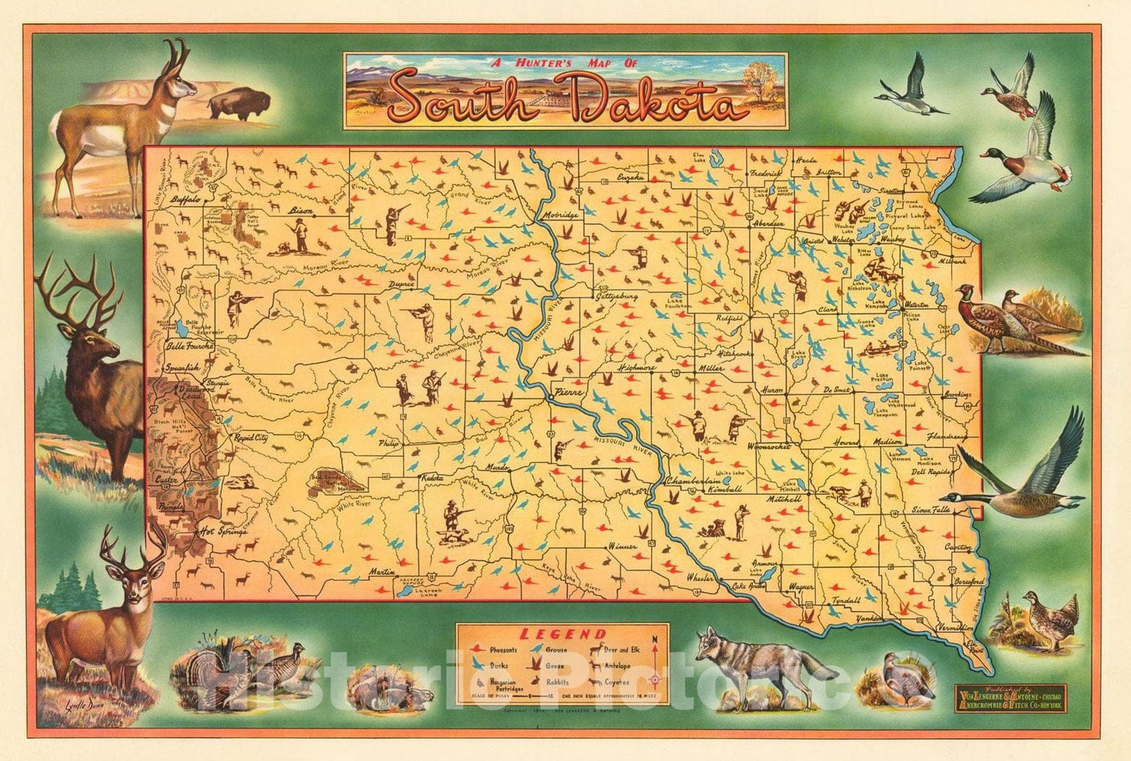 Historic Map : A Hunter's Map of South Dakota (with tube and backing sheet), 1946, Lyndle Dunn, Vintage Wall Art