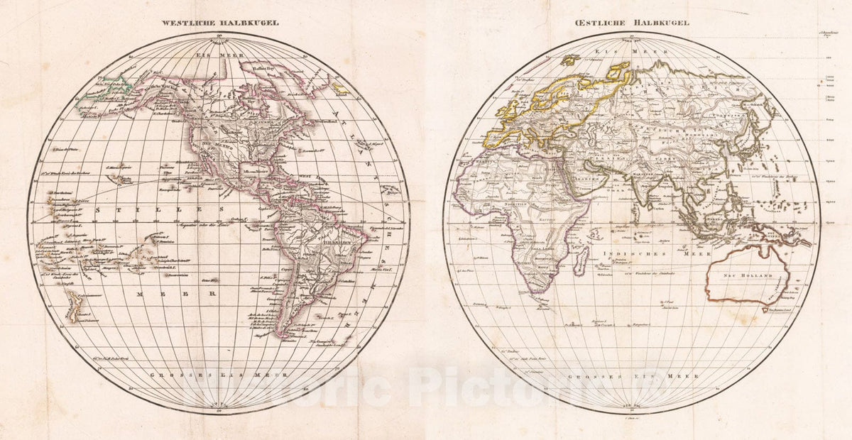 Historic Map : West Halbkugel (and) Oestliche Halbkugel, c1800, Anonymous, Vintage Wall Art