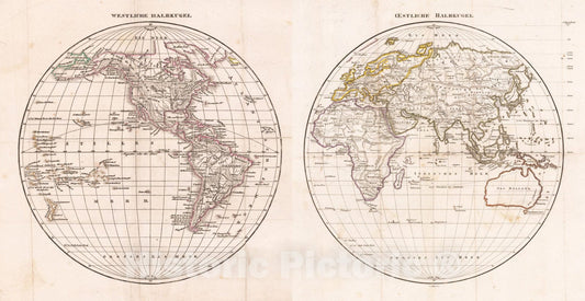 Historic Map : West Halbkugel (and) Oestliche Halbkugel, c1800, Anonymous, Vintage Wall Art