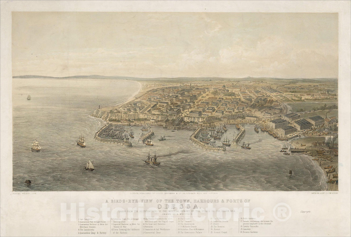 Historic Map : A Birds-Eye View of the Town, Harbours & Forts of Odessa. Taken From Survey of the Ports of the Black Sea., 1855, Vintage Wall Art
