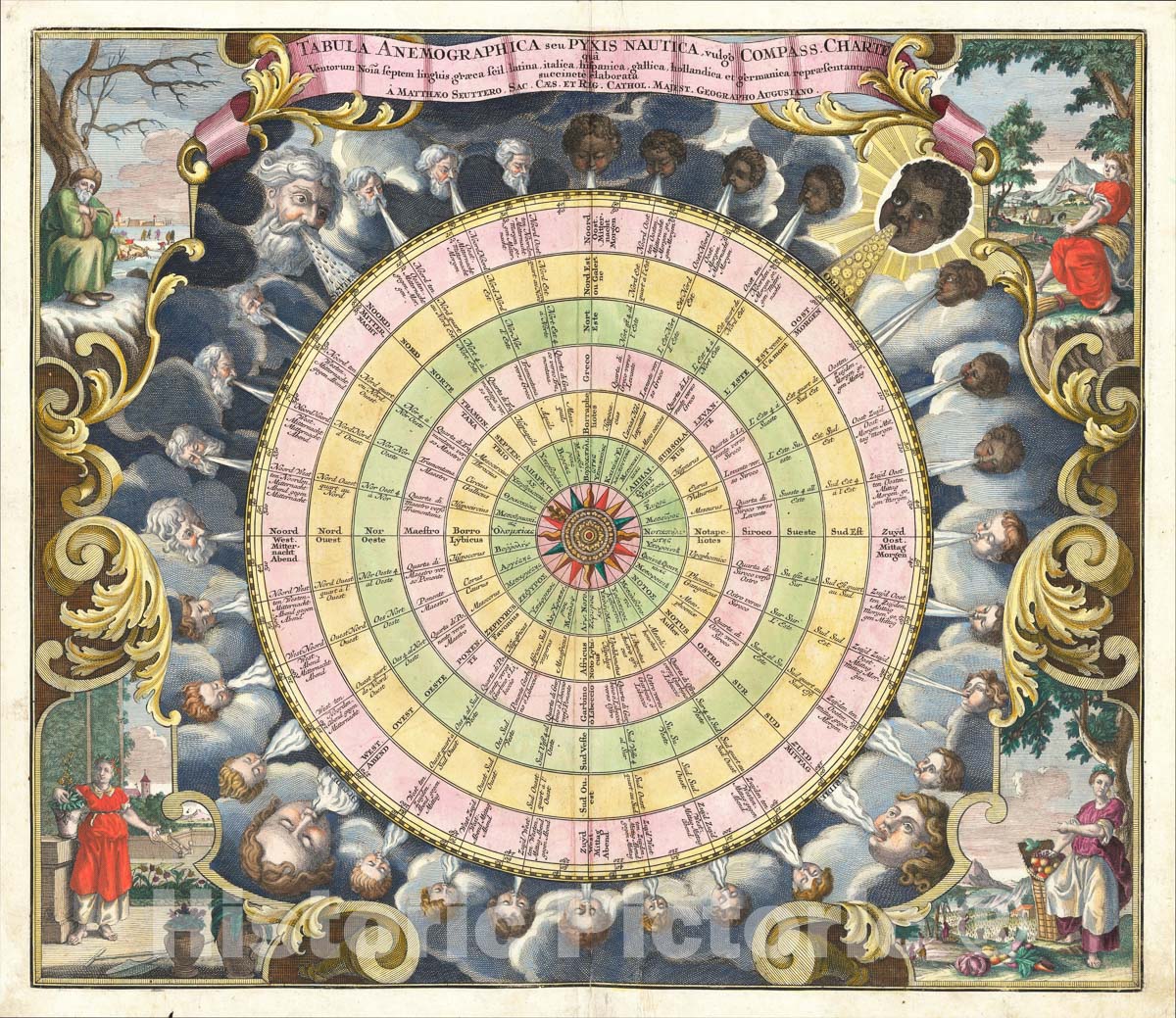Historic Map : Tabula Anemographica seu Pyxis Nautica, vulgo Compass Charte, 1740, Matthaus Seutter, Vintage Wall Art