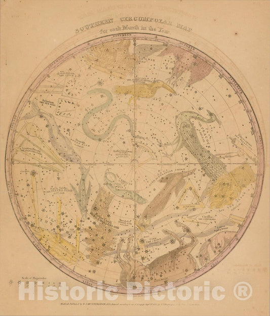 Historic Map : Southern Circumpolar Map for each month of the Year, 1835, Elijah J. Burritt, v2, Vintage Wall Art