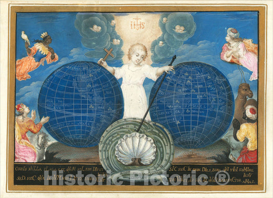 Historic Map : [Miniature on Vellum in gold and colors] Orbis Nulla Plaga est, Quam Sol non Ditet Jesus, 1720, Anonymous, Vintage Wall Art