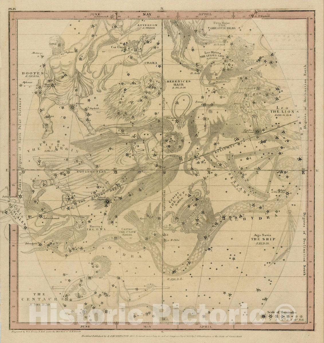 Historic Map : The April, May & June Sky -- Virgo, Leo, Libra, Leo Minor, Ursa Major, Argo Navis, The Centaur, Hydra, Crater, Curvus Noctus?, 1835, v2, Vintage Wall Art