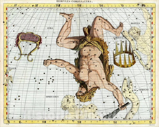 Historic Map : Hercules Corona & Lyra, 1728, , Vintage Wall Art