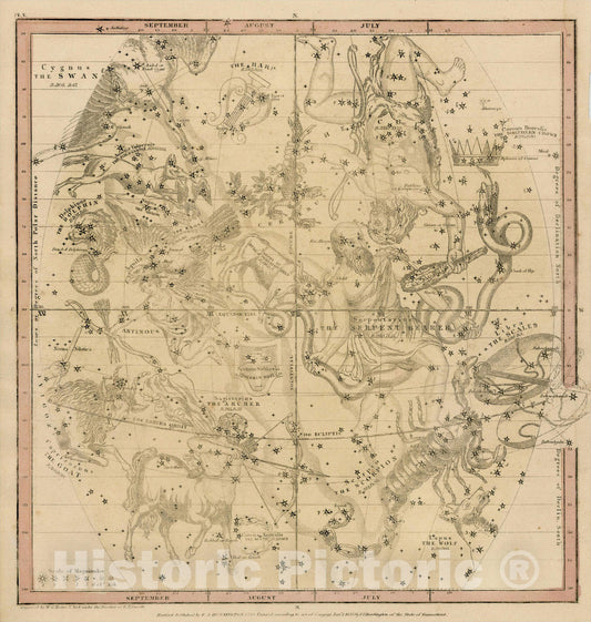 Historic Map : The July, August & September Sky -- Sagittarius, Scorpio, Libra, Capricorn, Hercules, Corona Boralis, Serpentrarius, 1835, Elijah J. Burritt, Vintage Wall Art