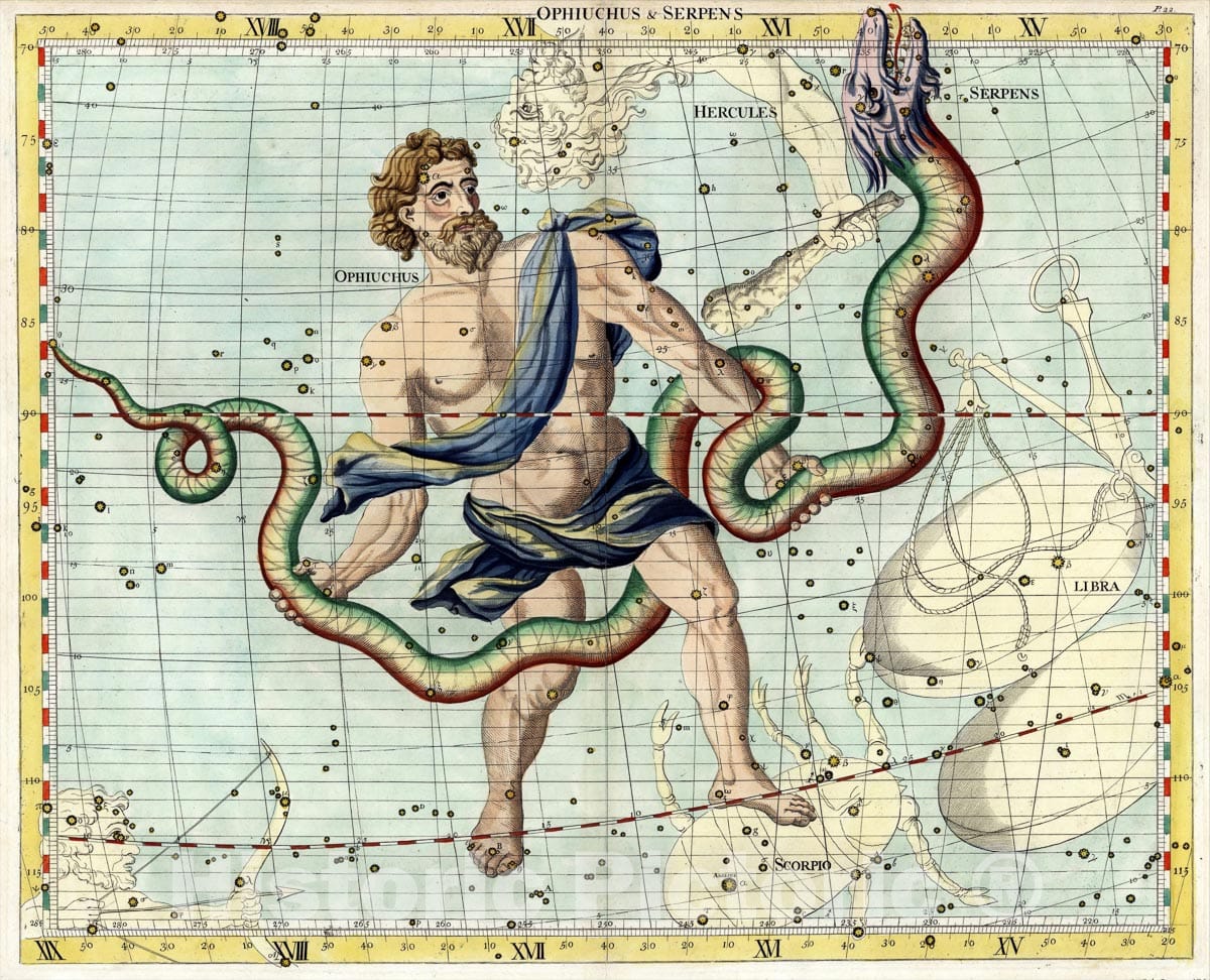 Historic Map : Ophiuchus & Serpens, 1728, John Flamsteed, Vintage Wall Art