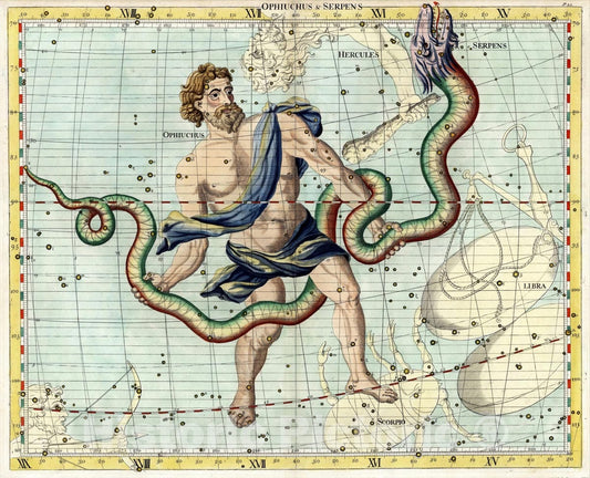 Historic Map : Ophiuchus & Serpens, 1728, John Flamsteed, Vintage Wall Art