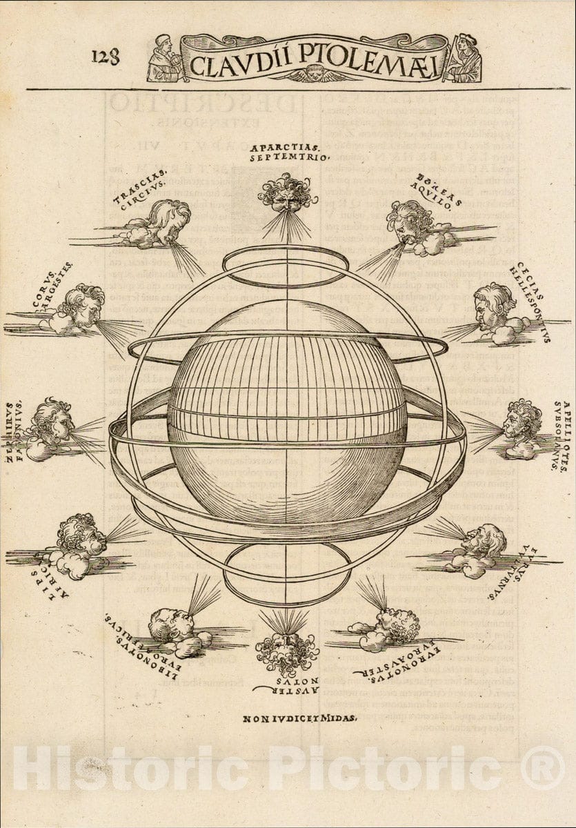Historic Map : (Armilary Sphere and Windheads), 1541, Lorenz Fries, Vintage Wall Art