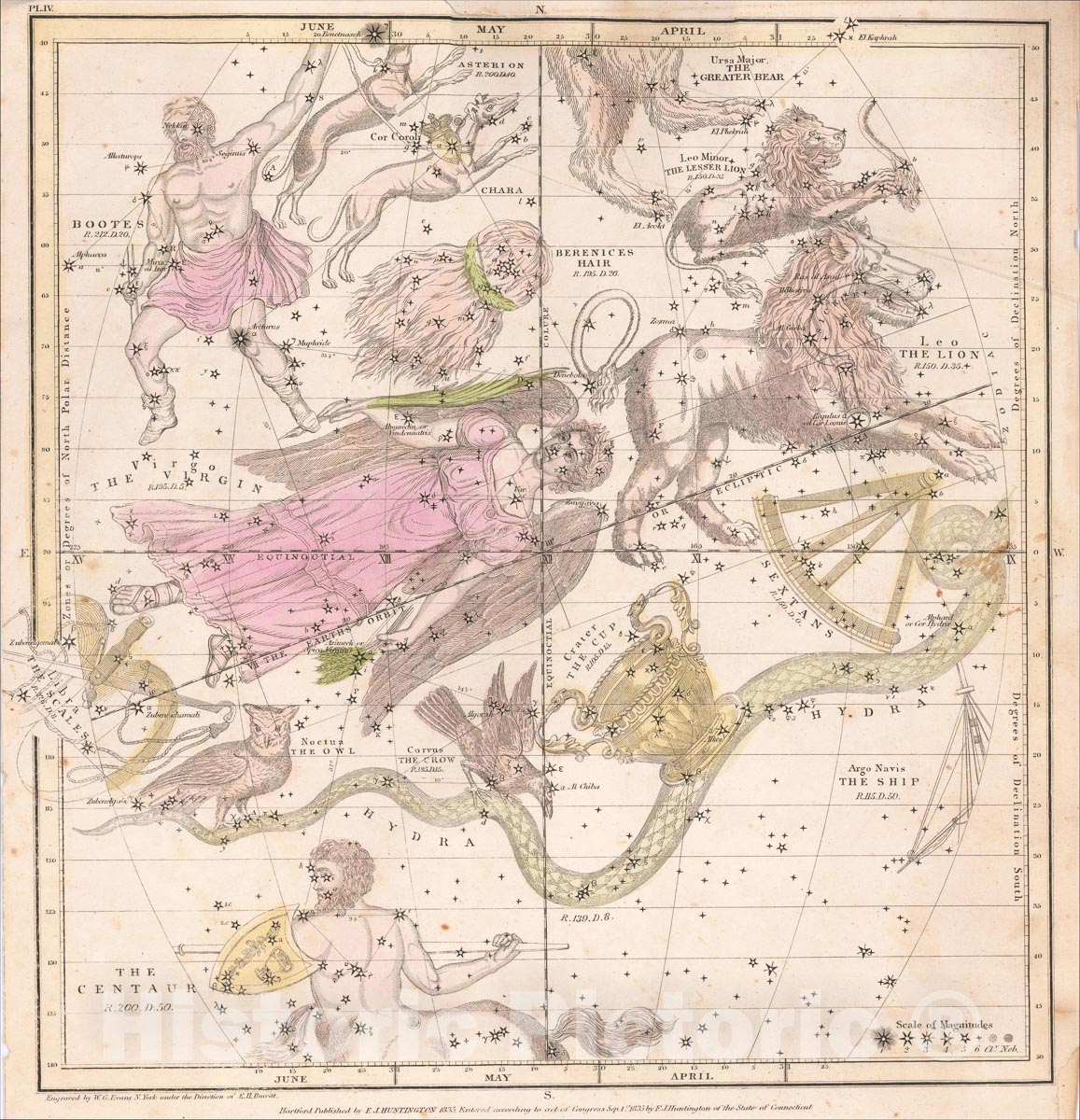 Historic Map : The April, May & June Sky -- Virgo, Leo, Libra, Leo Minor, Ursa Major, Argo Navis, The Centaur, Hydra, Crater, 1835, Elijah J. Burritt, Vintage Wall Art