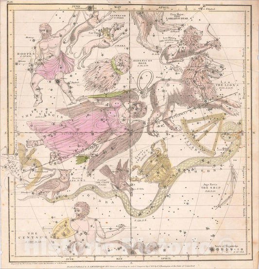 Historic Map : The April, May & June Sky -- Virgo, Leo, Libra, Leo Minor, Ursa Major, Argo Navis, The Centaur, Hydra, Crater, 1835, Elijah J. Burritt, Vintage Wall Art