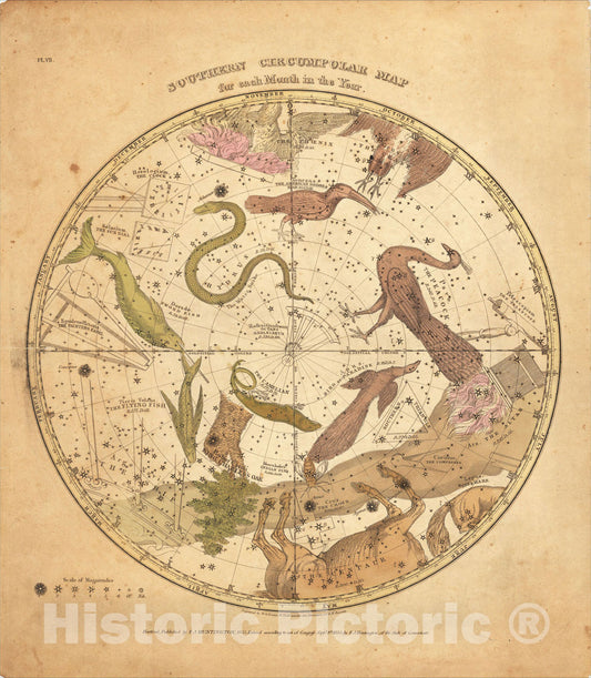 Historic Map : Southern Circumpolar Map for each month of the Year, 1835, Elijah J. Burritt, v4, Vintage Wall Art