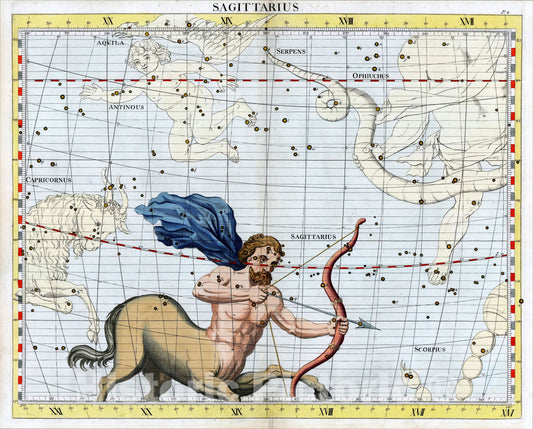 Historic Map : Sagittarius, 1728, John Flamsteed, Vintage Wall Art