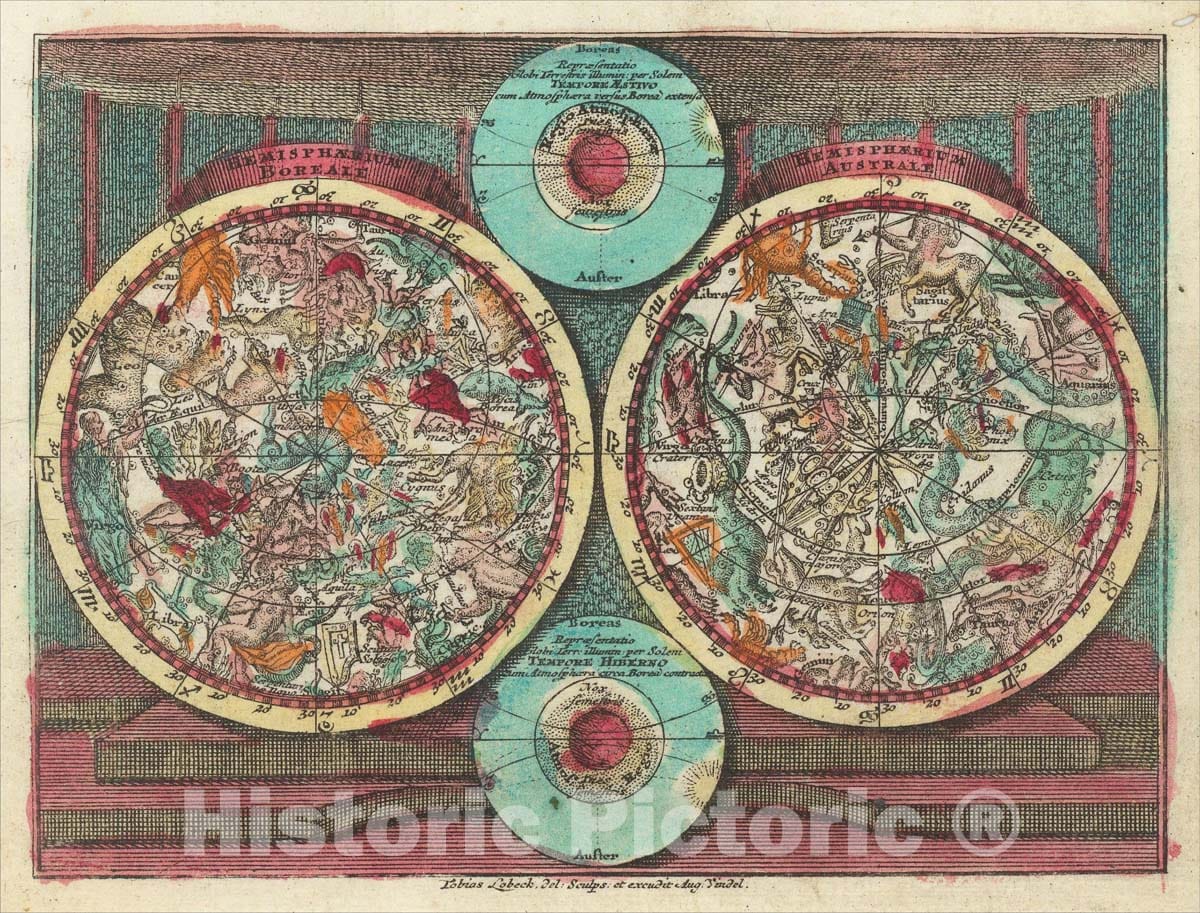 Historic Map : Hemisphaerium Boreale - Hemisphaerium Australe, 1760, Tobias Conrad Lotter, Vintage Wall Art