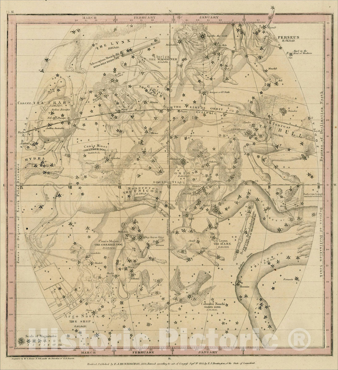 Historic Map : The January, February, March Sky -- Cancer, Perseus, Gemini, Taurus, Orion, Monceros, Canis Major, Lepus, Argo Navis, Hydra, Perseus, Lynx, 1835, Vintage Wall Art