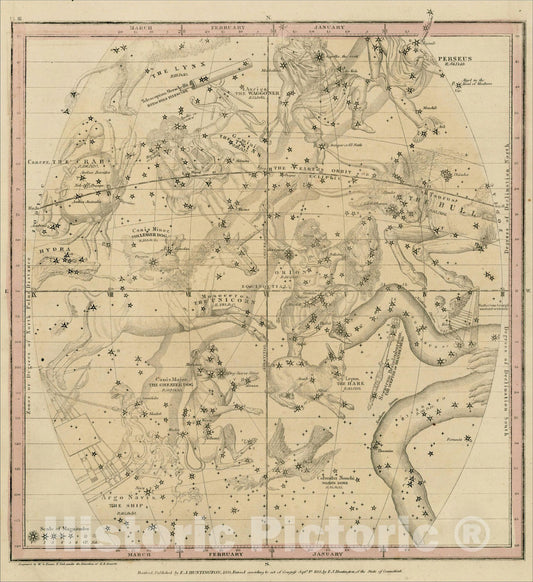 Historic Map : The January, February, March Sky -- Cancer, Perseus, Gemini, Taurus, Orion, Monceros, Canis Major, Lepus, Argo Navis, Hydra, Perseus, Lynx, 1835, Vintage Wall Art