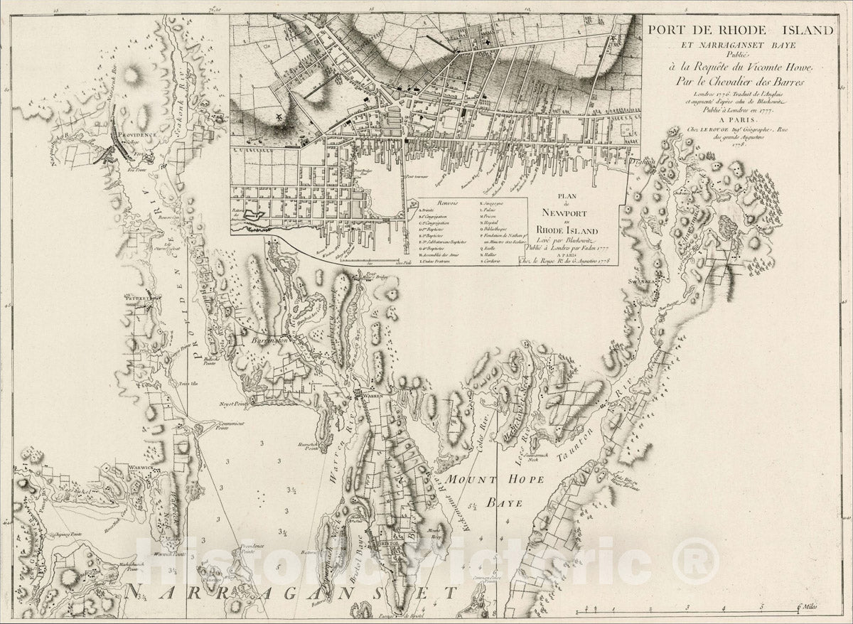 Historic Map : Port De Rhode Island et Narraganset Bay Publie a la Requete du Vicomte Howe Par le Chevalier de Barres Londres, 1778, , Vintage Wall Art