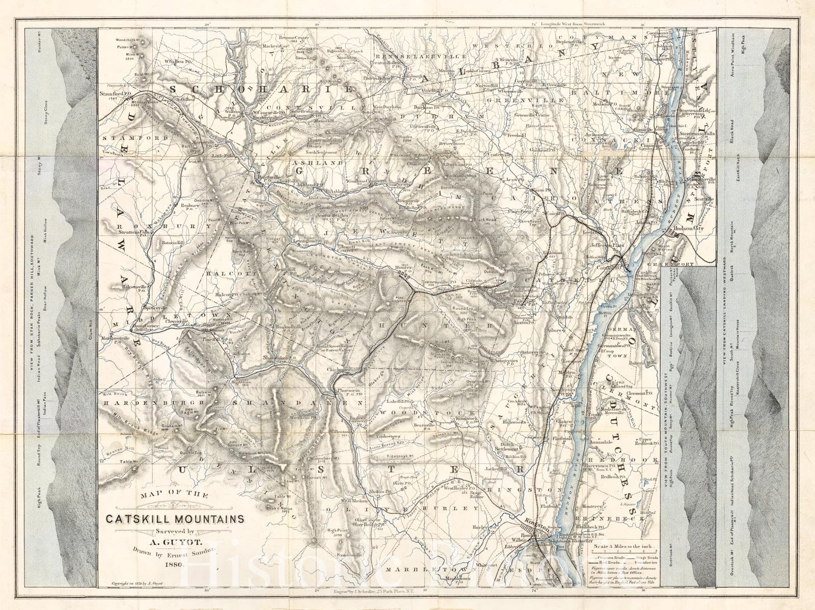 Historic Map : The Catskill Mountains, Arnold Guyot, 1880, Vintage Wall Art