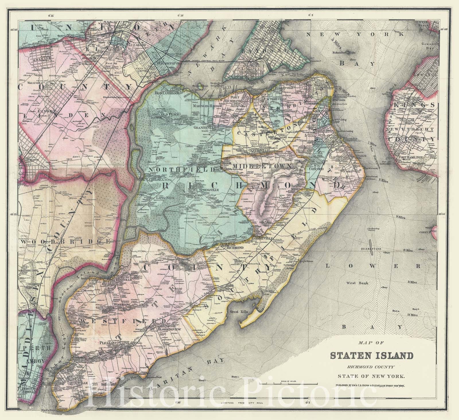 Historic Map : Staten Island, New York City, Colton, 1866, Vintage Wall Art
