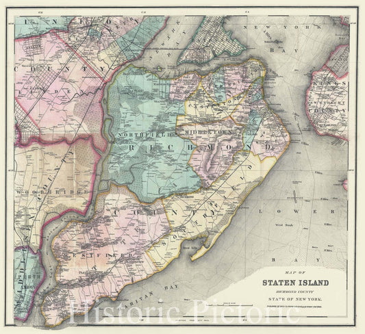 Historic Map : Staten Island, New York City, Colton, 1866, Vintage Wall Art