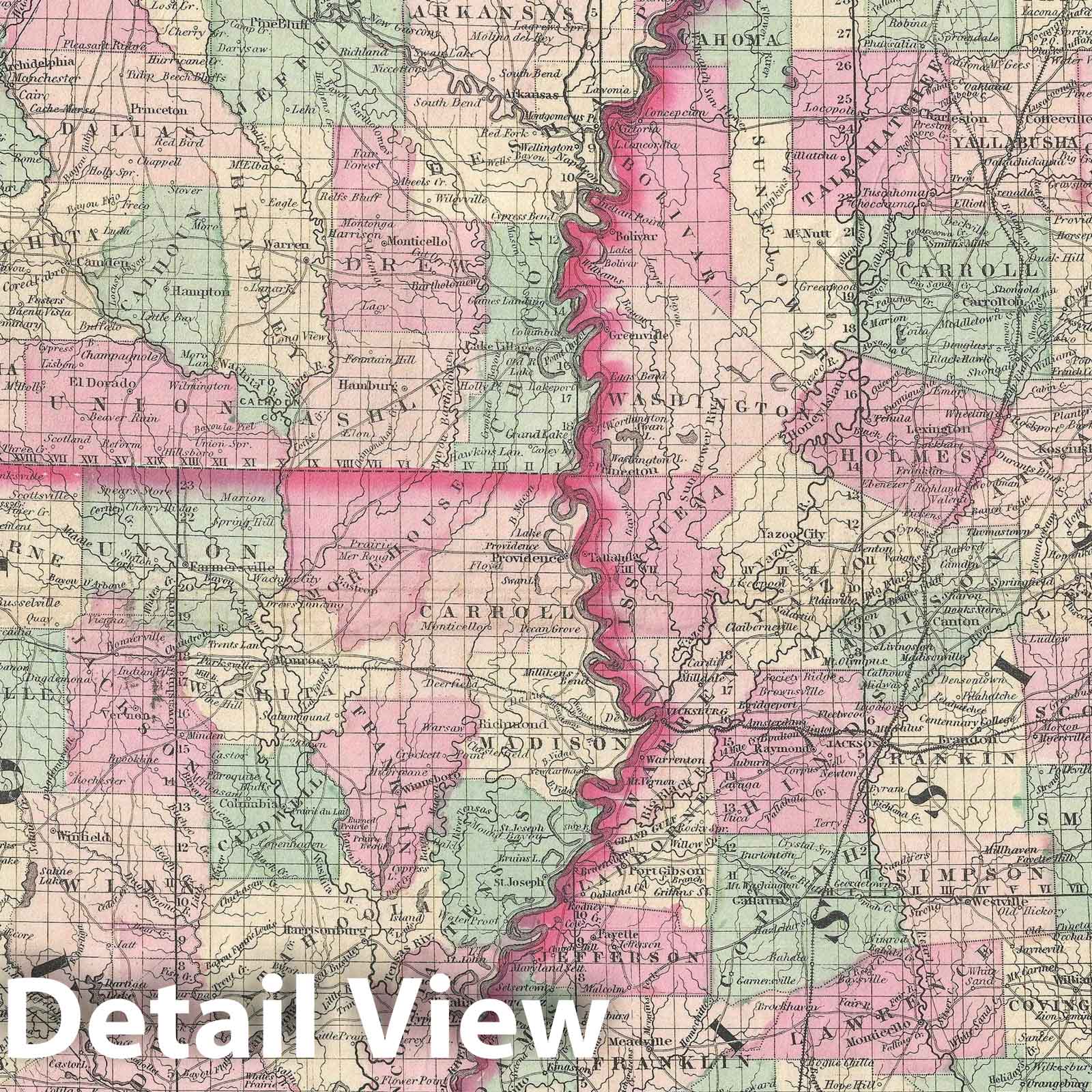 Historic Map : Arkansas, Mississippi and Louisiana, Johnson, 1861, Vintage Wall Art