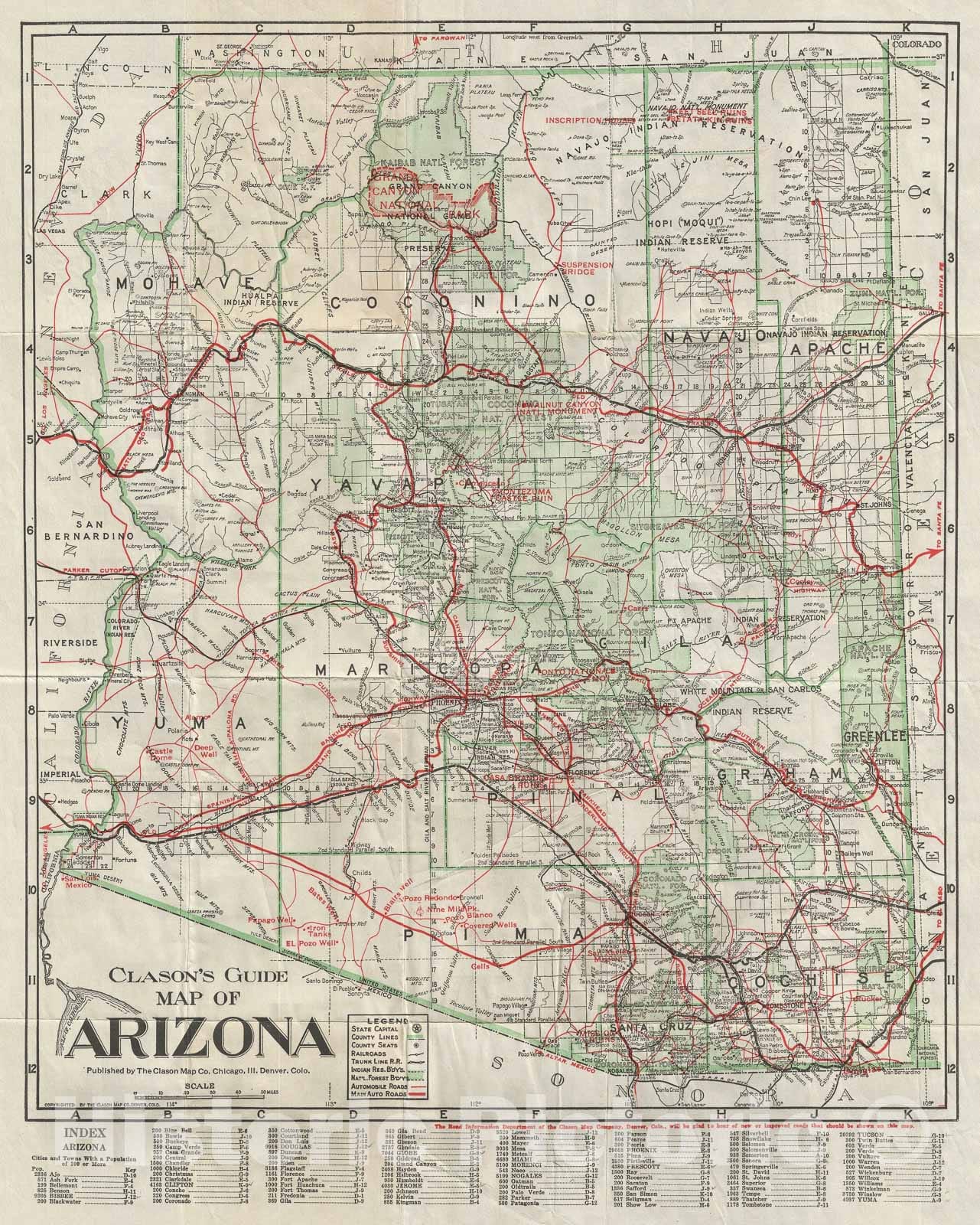 Historic Map : Arizona, Clason Guide, 1920, Vintage Wall Art