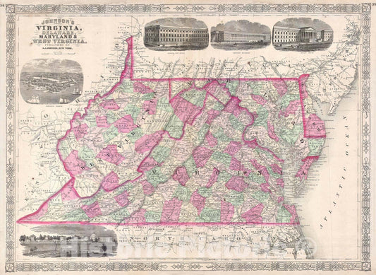 Historic Map : Virginia, Delaware, Maryland and West Virginia, Johnson's, 1864, Vintage Wall Art