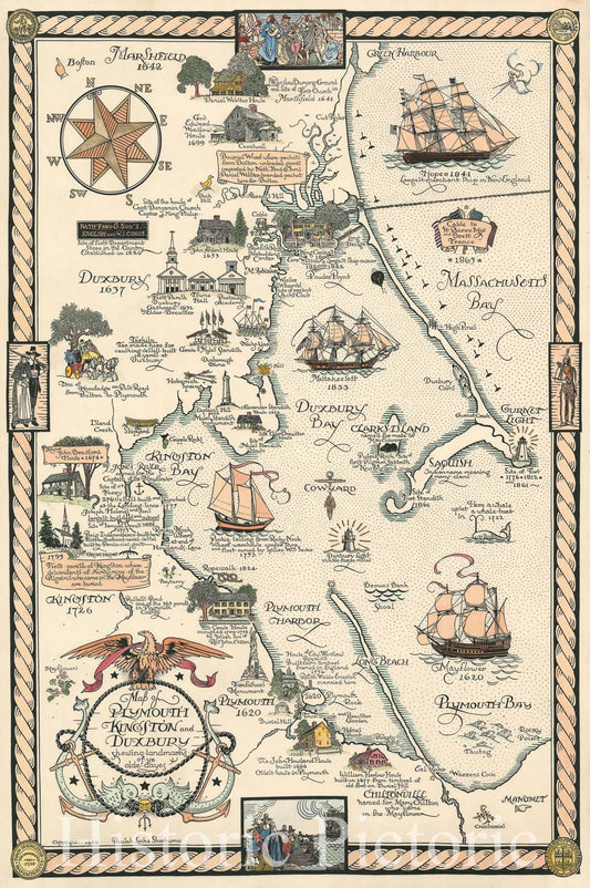 Historic Map : Sherburne Pictorial Map of Plymouth, Kingston, and Duxbury, MA., 1929, Vintage Wall Art