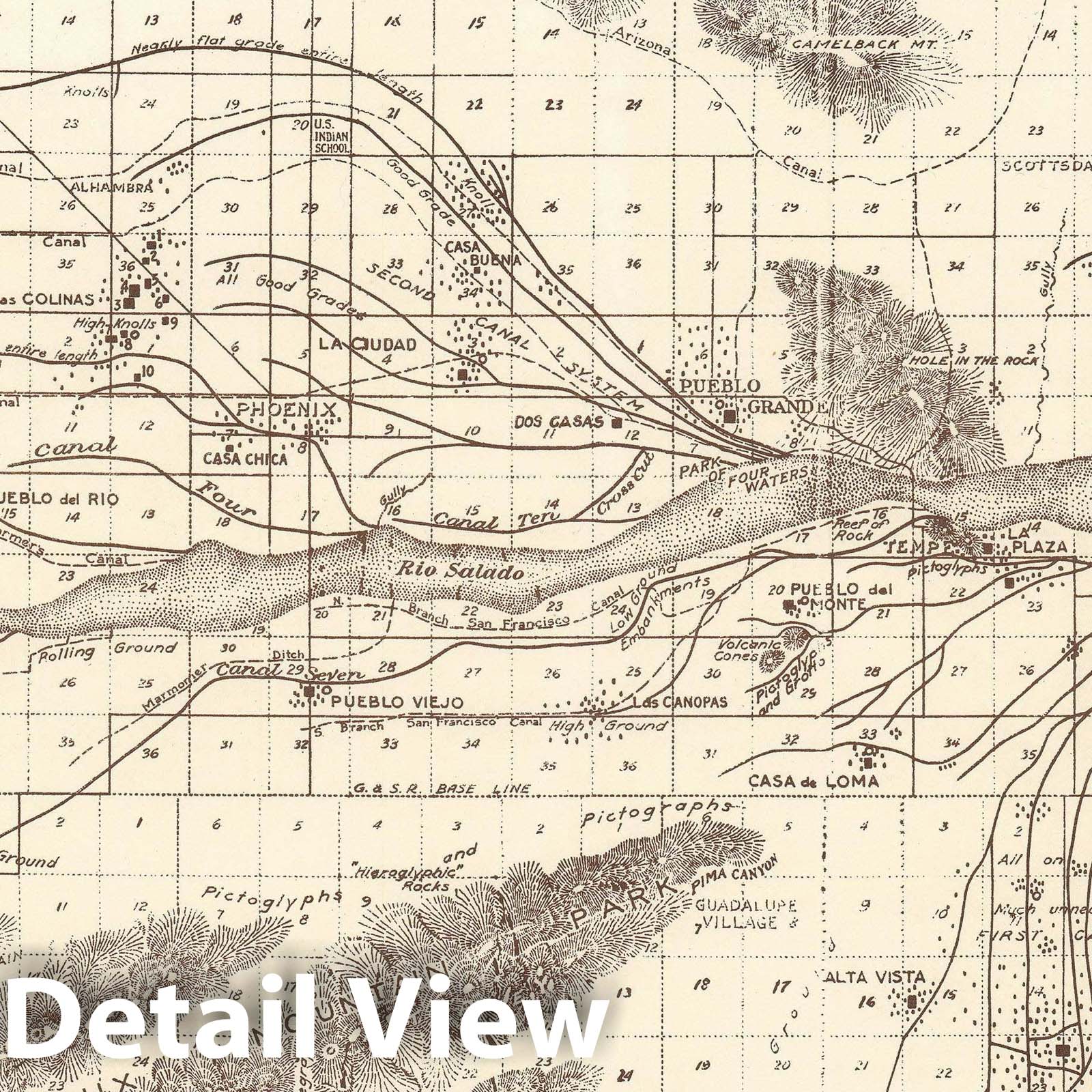 Historic Map : Ancient Canals in Phoenix, Scottsdale and Tempe, AZ, Turney Archaeological, 1929, Vintage Wall Art
