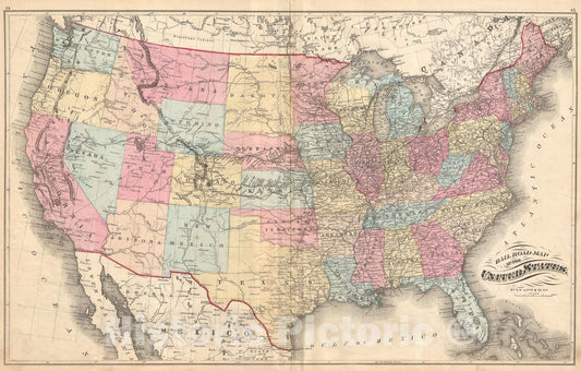Historic Map : The United States, Walker Railroad, 1876, Vintage Wall Art