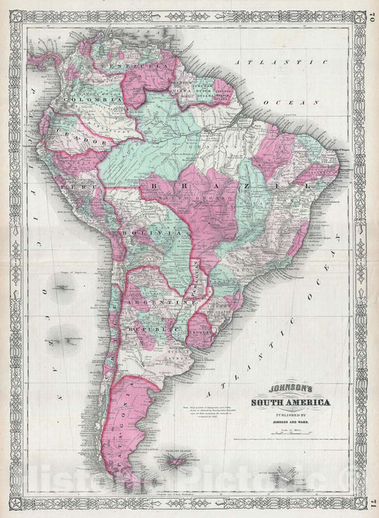 Historic Map : South America, Johnson's, 1863, Vintage Wall Art