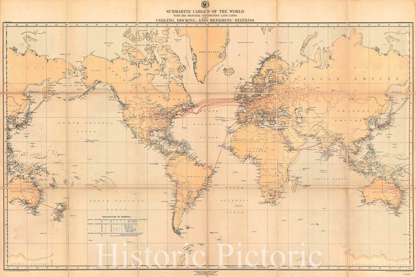Historic Map : World Submarine Cables, U.S. Hydrographic Office, 1896, Vintage Wall Art