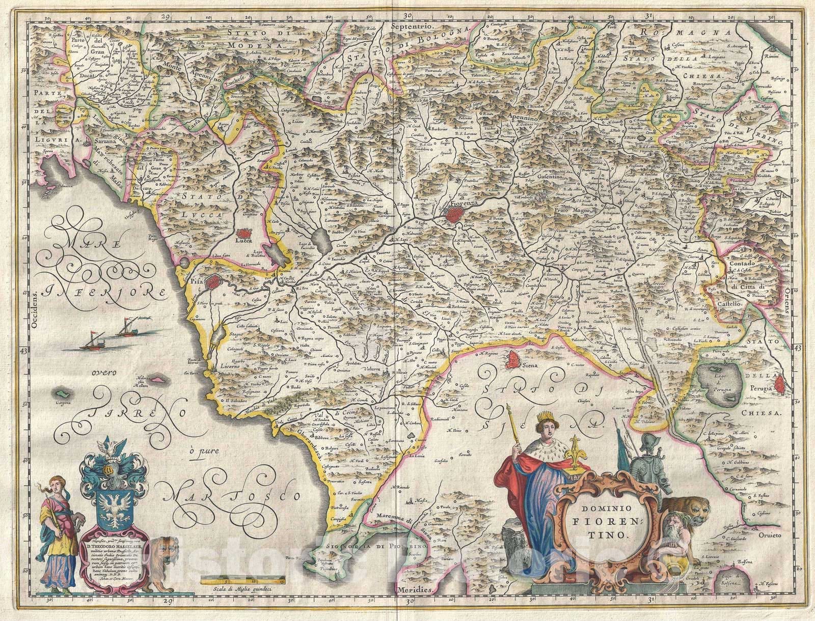 Historic Map : Tuscany "Florence", Italy, Blaeu, 1646, Vintage Wall Art