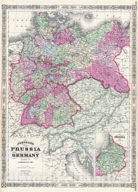 Historic Map : Prussia and Germany, Johnson, 1866, Vintage Wall Art