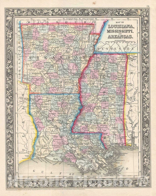 Historic Map : Arkansas, Louisiana, and Mississippi, Mitchell, 1861, Vintage Wall Art