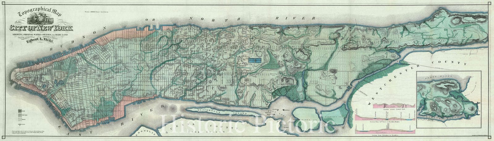 Historic Map : Waterway Map of Manhattan, New York City, Viele, 1865, Vintage Wall Art
