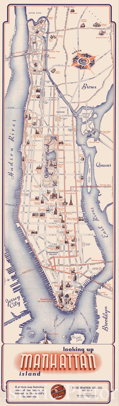 Historic Map : Gousha Pictorial Map of Manhattan, New York City, 1936, Vintage Wall Art