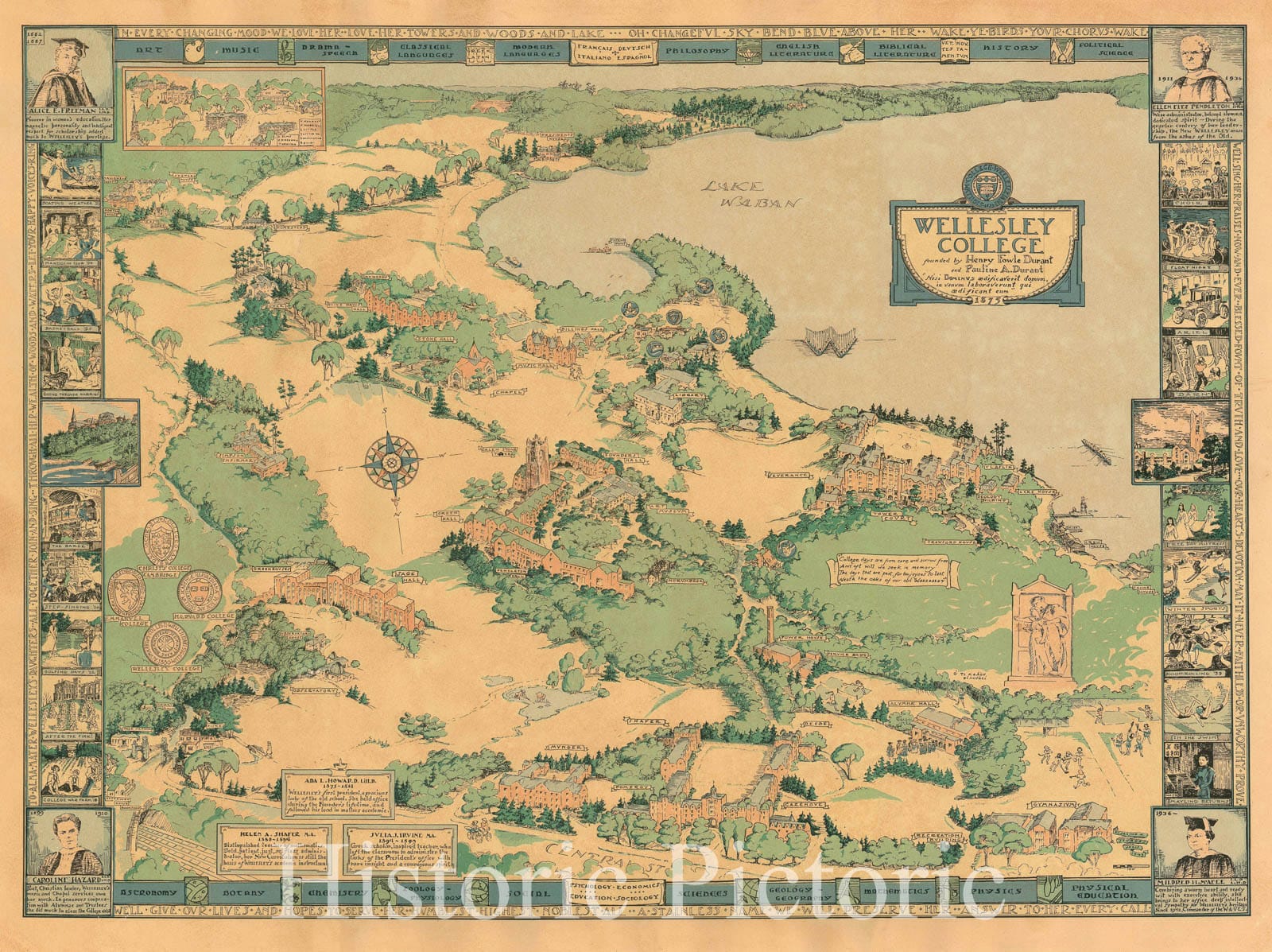 Historic Map : Sturges Pictorial Map of Wellesley College, 1943, Vintage Wall Art