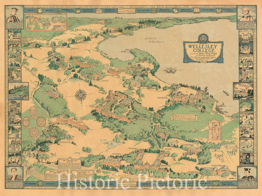 Historic Map : Sturges Pictorial Map of Wellesley College, 1943, Vintage Wall Art