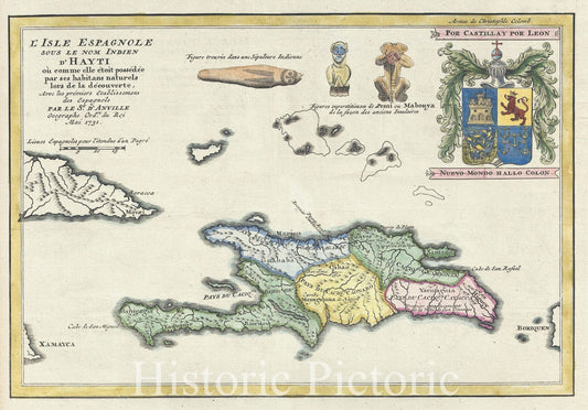 Historic Map : Hispaniola or Santo Domingo "Haiti / Dominican Republic", D'Anville, 1731, Vintage Wall Art