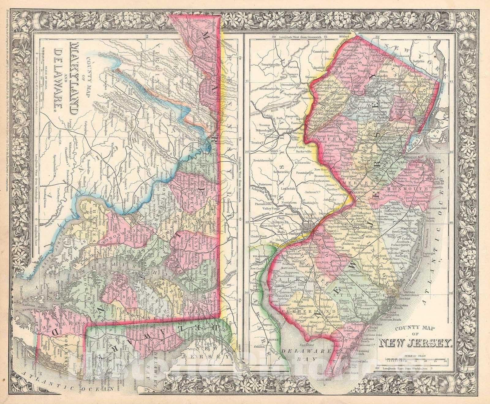 Historic Map : New Jersey, Maryland, and Delaware, Mitchell, 1866, Vintage Wall Art